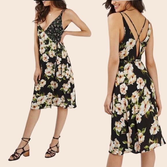 Topshop Dresses & Skirts - Topshop Busy Garden Black Floral Wrap Midi Dress Size 4